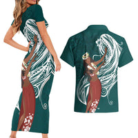 Tahiti Islands Polynesian Plumeria Couples Matching Short Sleeve Bodycon Dress and Hawaiian Shirt Tahitian Vahine 'Ote'a - Teal LT7 - Polynesian Pride