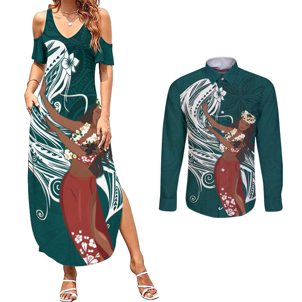 Tahiti Islands Polynesian Plumeria Couples Matching Summer Maxi Dress and Long Sleeve Button Shirt Tahitian Vahine 'Ote'a - Teal LT7 Teal - Polynesian Pride