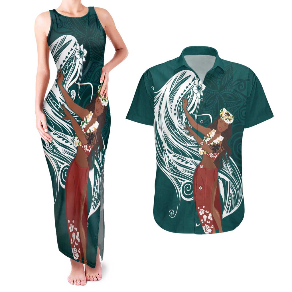 Tahiti Islands Polynesian Plumeria Couples Matching Tank Maxi Dress and Hawaiian Shirt Tahitian Vahine 'Ote'a - Teal LT7 Teal - Polynesian Pride