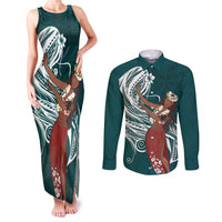 Tahiti Islands Polynesian Plumeria Couples Matching Tank Maxi Dress and Long Sleeve Button Shirt Tahitian Vahine 'Ote'a - Teal LT7 Teal - Polynesian Pride
