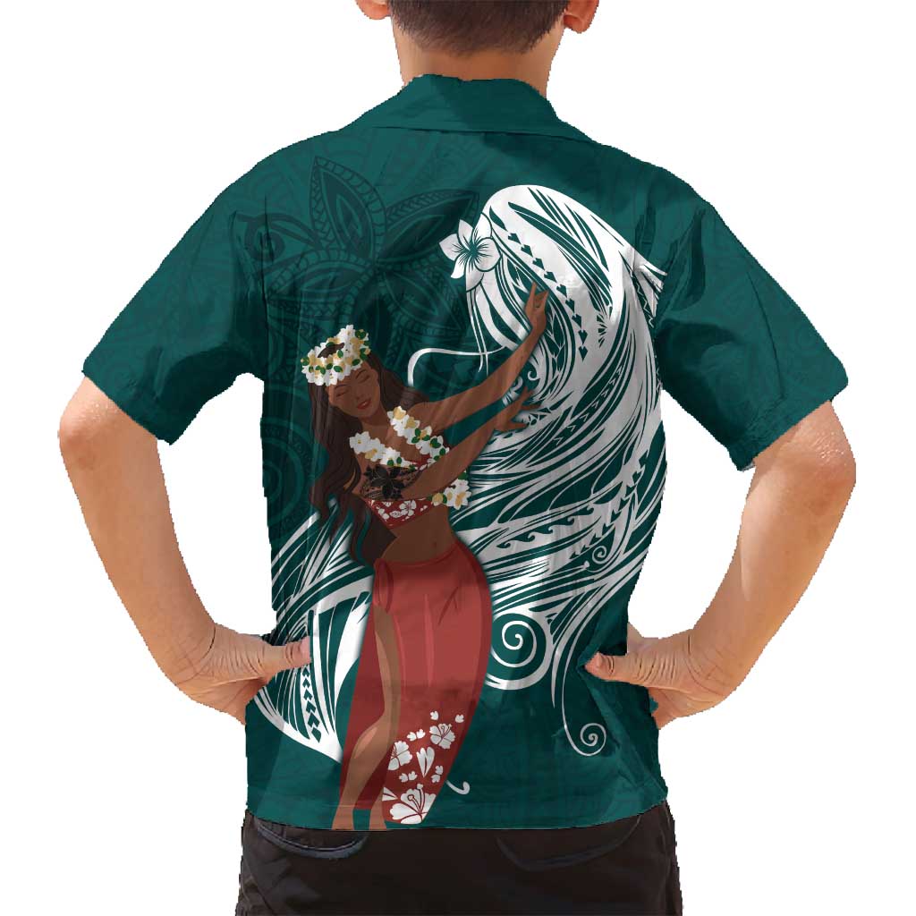 Tahiti Islands Polynesian Plumeria Family Matching Long Sleeve Bodycon Dress and Hawaiian Shirt Tahitian Vahine 'Ote'a - Teal LT7 - Polynesian Pride