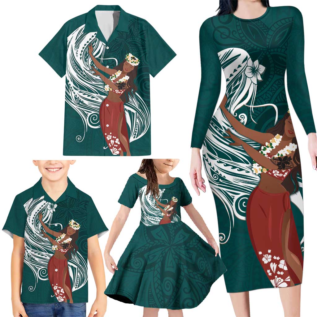 Tahiti Islands Polynesian Plumeria Family Matching Long Sleeve Bodycon Dress and Hawaiian Shirt Tahitian Vahine 'Ote'a - Teal LT7 - Polynesian Pride