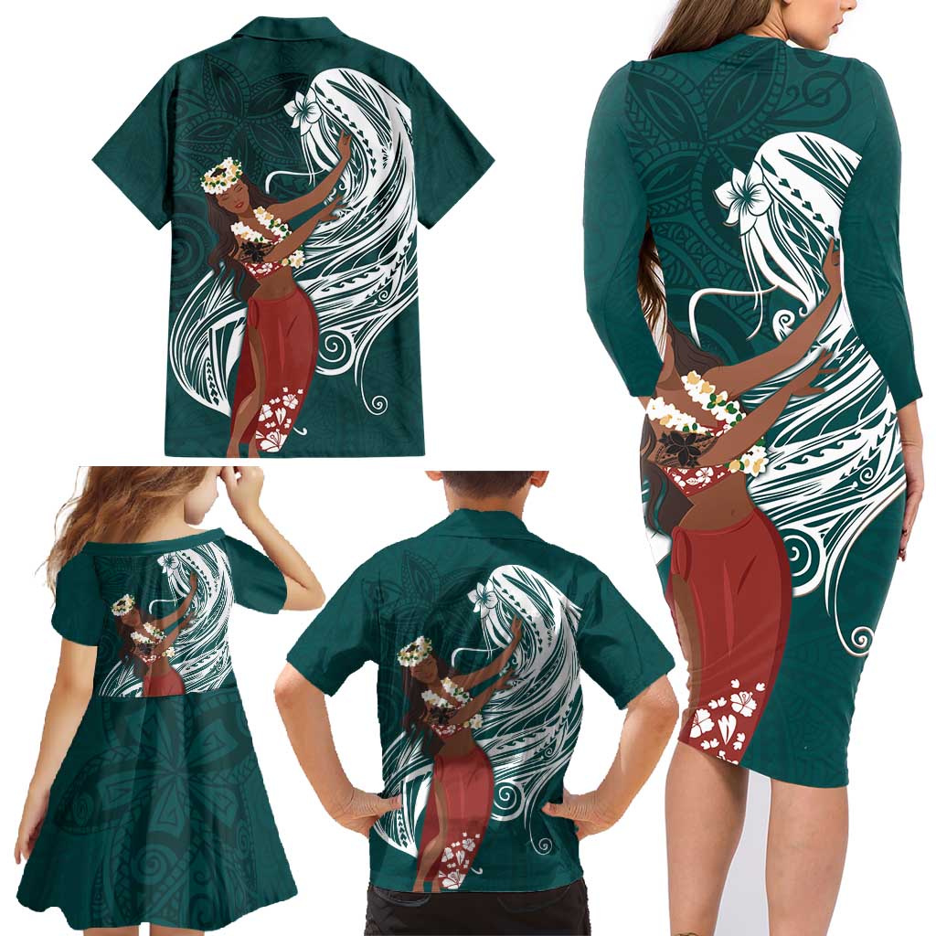 Tahiti Islands Polynesian Plumeria Family Matching Long Sleeve Bodycon Dress and Hawaiian Shirt Tahitian Vahine 'Ote'a - Teal LT7 - Polynesian Pride