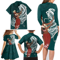 Tahiti Islands Polynesian Plumeria Family Matching Long Sleeve Bodycon Dress and Hawaiian Shirt Tahitian Vahine 'Ote'a - Teal LT7 - Polynesian Pride