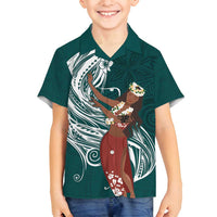Tahiti Islands Polynesian Plumeria Family Matching Long Sleeve Bodycon Dress and Hawaiian Shirt Tahitian Vahine 'Ote'a - Teal LT7 Son's Shirt Teal - Polynesian Pride