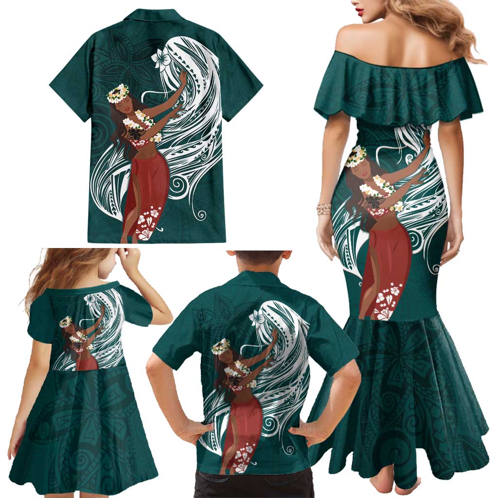 Tahiti Islands Polynesian Plumeria Family Matching Mermaid Dress and Hawaiian Shirt Tahitian Vahine 'Ote'a - Teal LT7 - Polynesian Pride