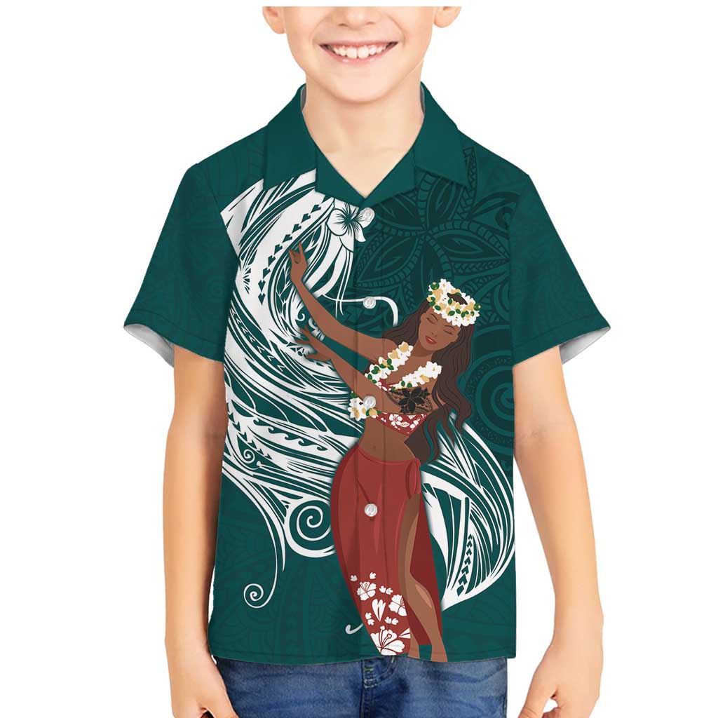 Tahiti Islands Polynesian Plumeria Family Matching Mermaid Dress and Hawaiian Shirt Tahitian Vahine 'Ote'a - Teal LT7 Son's Shirt Teal - Polynesian Pride