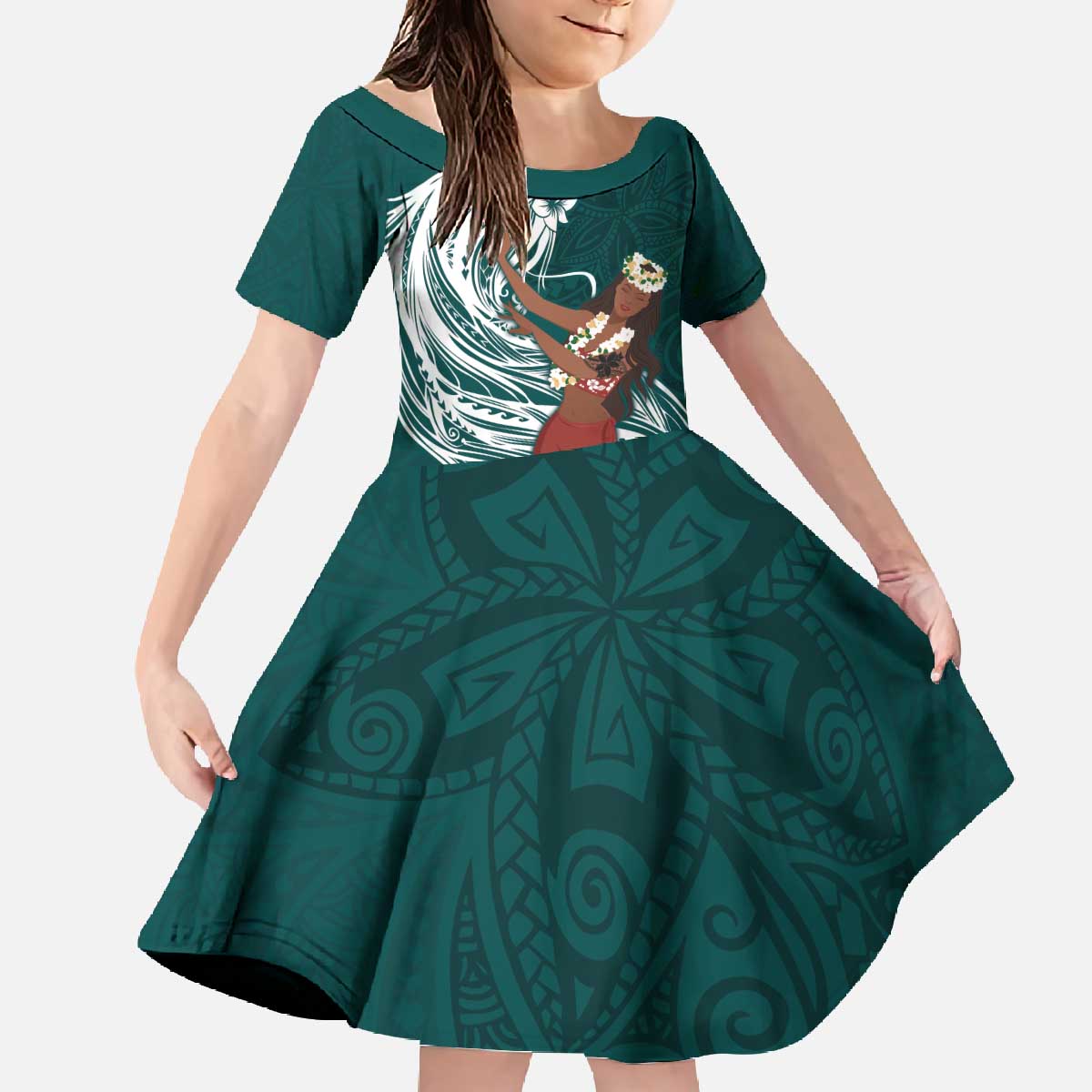 Tahiti Islands Polynesian Plumeria Family Matching Off The Shoulder Long Sleeve Dress and Hawaiian Shirt Tahitian Vahine 'Ote'a - Teal LT7 Daughter's Dress Teal - Polynesian Pride