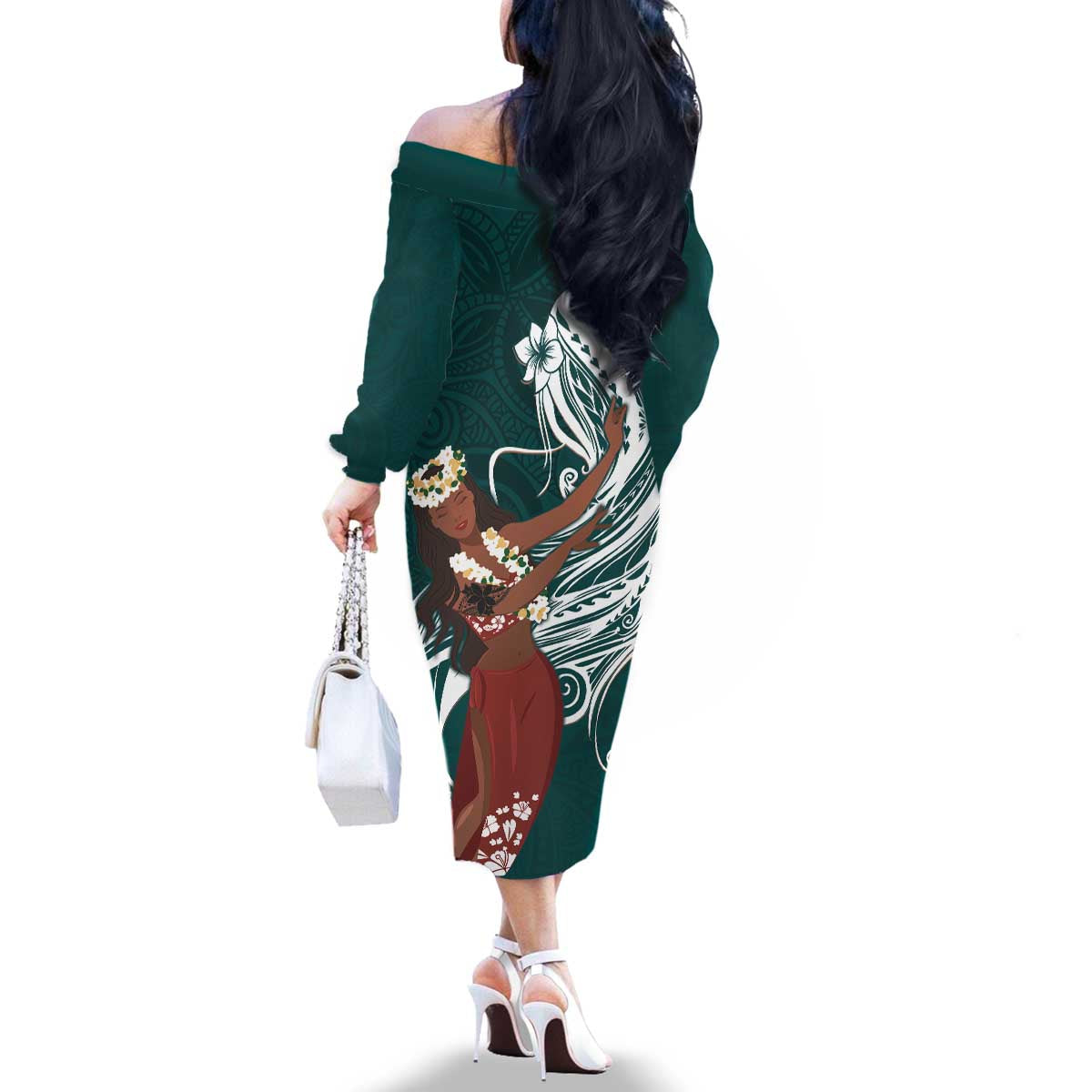 Tahiti Islands Polynesian Plumeria Family Matching Off The Shoulder Long Sleeve Dress and Hawaiian Shirt Tahitian Vahine 'Ote'a - Teal LT7 - Polynesian Pride
