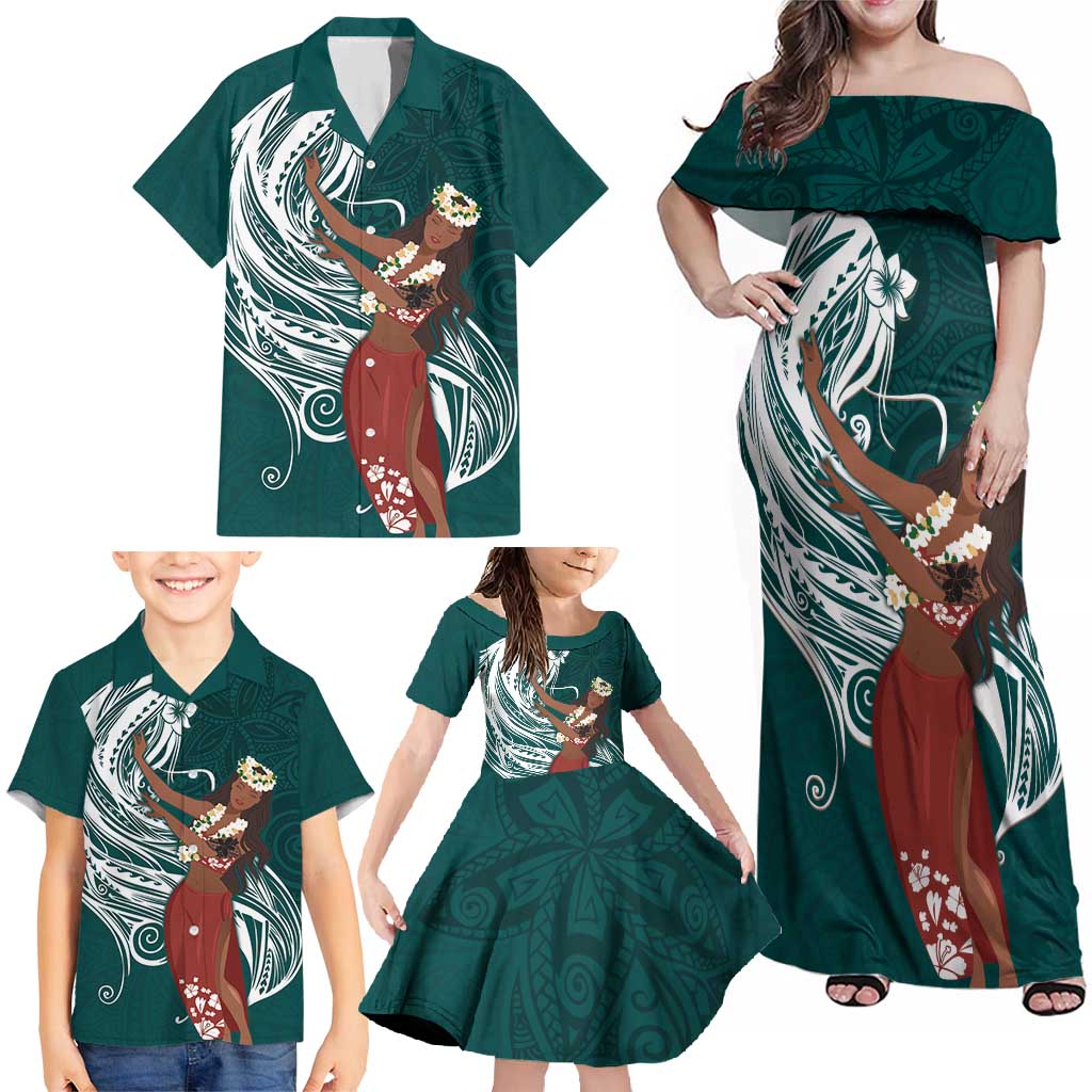 Tahiti Islands Polynesian Plumeria Family Matching Off Shoulder Maxi Dress and Hawaiian Shirt Tahitian Vahine 'Ote'a - Teal LT7 - Polynesian Pride