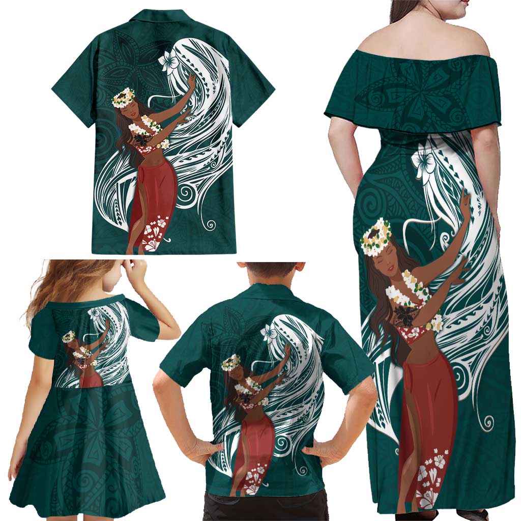 Tahiti Islands Polynesian Plumeria Family Matching Off Shoulder Maxi Dress and Hawaiian Shirt Tahitian Vahine 'Ote'a - Teal LT7 - Polynesian Pride