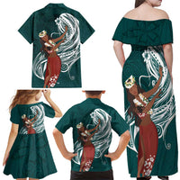 Tahiti Islands Polynesian Plumeria Family Matching Off Shoulder Maxi Dress and Hawaiian Shirt Tahitian Vahine 'Ote'a - Teal LT7 - Polynesian Pride