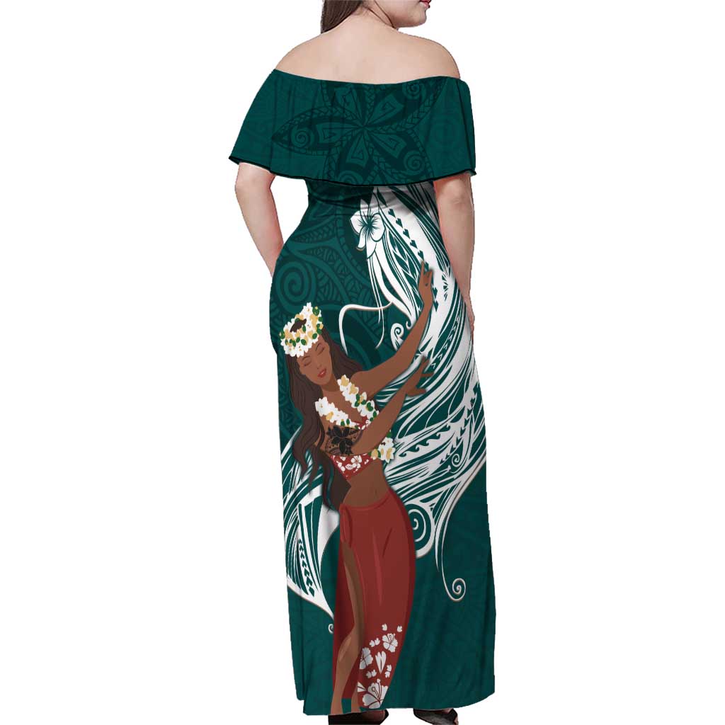 Tahiti Islands Polynesian Plumeria Family Matching Off Shoulder Maxi Dress and Hawaiian Shirt Tahitian Vahine 'Ote'a - Teal LT7 - Polynesian Pride