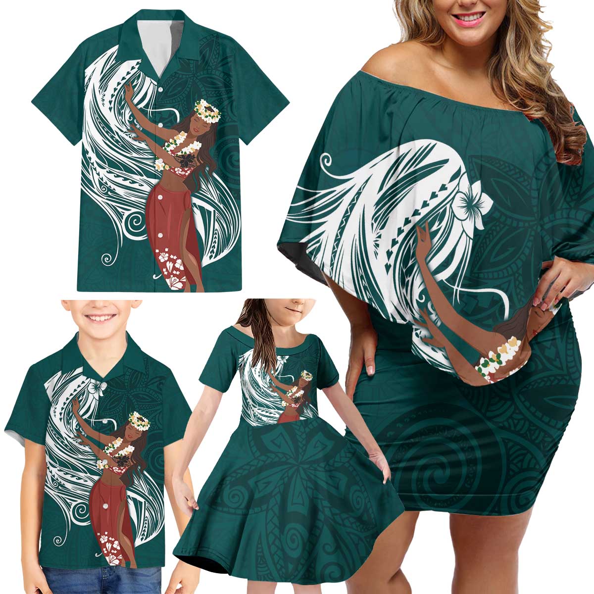 Tahiti Islands Polynesian Plumeria Family Matching Off Shoulder Short Dress and Hawaiian Shirt Tahitian Vahine 'Ote'a - Teal LT7 - Polynesian Pride