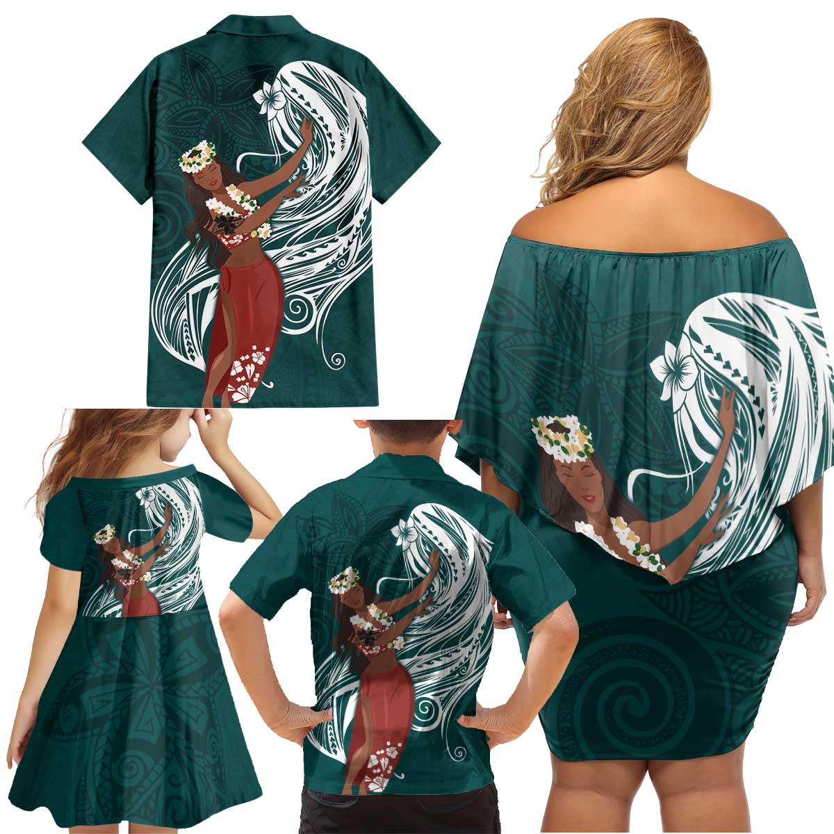 Tahiti Islands Polynesian Plumeria Family Matching Off Shoulder Short Dress and Hawaiian Shirt Tahitian Vahine 'Ote'a - Teal LT7 - Polynesian Pride