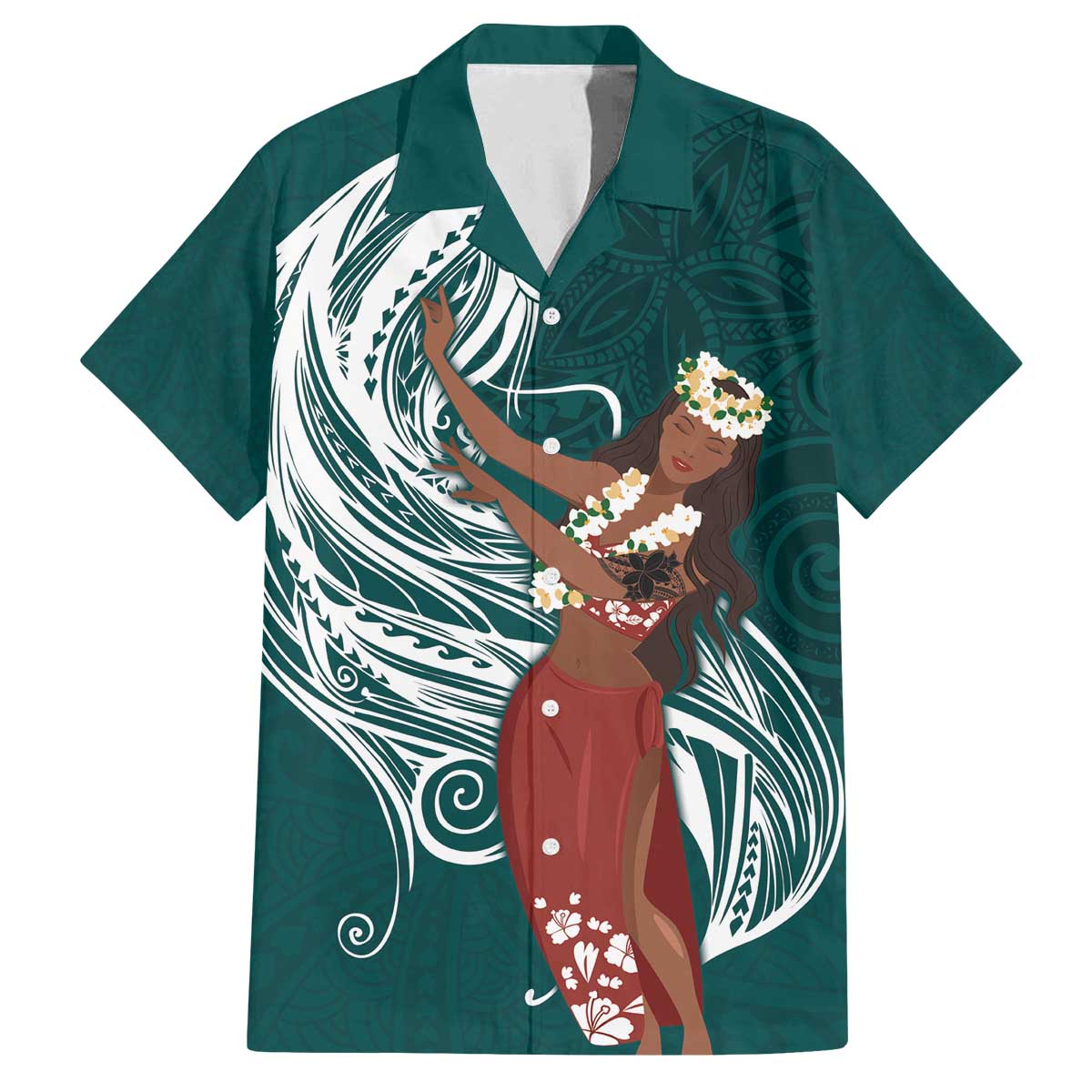 Tahiti Islands Polynesian Plumeria Family Matching Off Shoulder Short Dress and Hawaiian Shirt Tahitian Vahine 'Ote'a - Teal LT7 Dad's Shirt - Short Sleeve Teal - Polynesian Pride