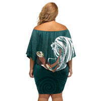 Tahiti Islands Polynesian Plumeria Family Matching Off Shoulder Short Dress and Hawaiian Shirt Tahitian Vahine 'Ote'a - Teal LT7 - Polynesian Pride