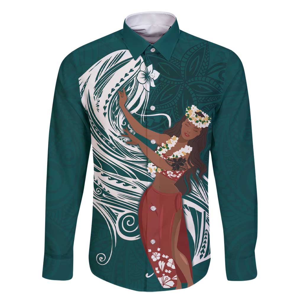 Tahiti Islands Polynesian Plumeria Family Matching Short Sleeve Bodycon Dress and Hawaiian Shirt Tahitian Vahine 'Ote'a - Teal LT7 Dad's Shirt - Long Sleeve Teal - Polynesian Pride