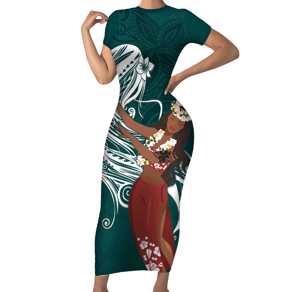 Tahiti Islands Polynesian Plumeria Family Matching Short Sleeve Bodycon Dress and Hawaiian Shirt Tahitian Vahine 'Ote'a - Teal LT7 Mom's Dress Teal - Polynesian Pride