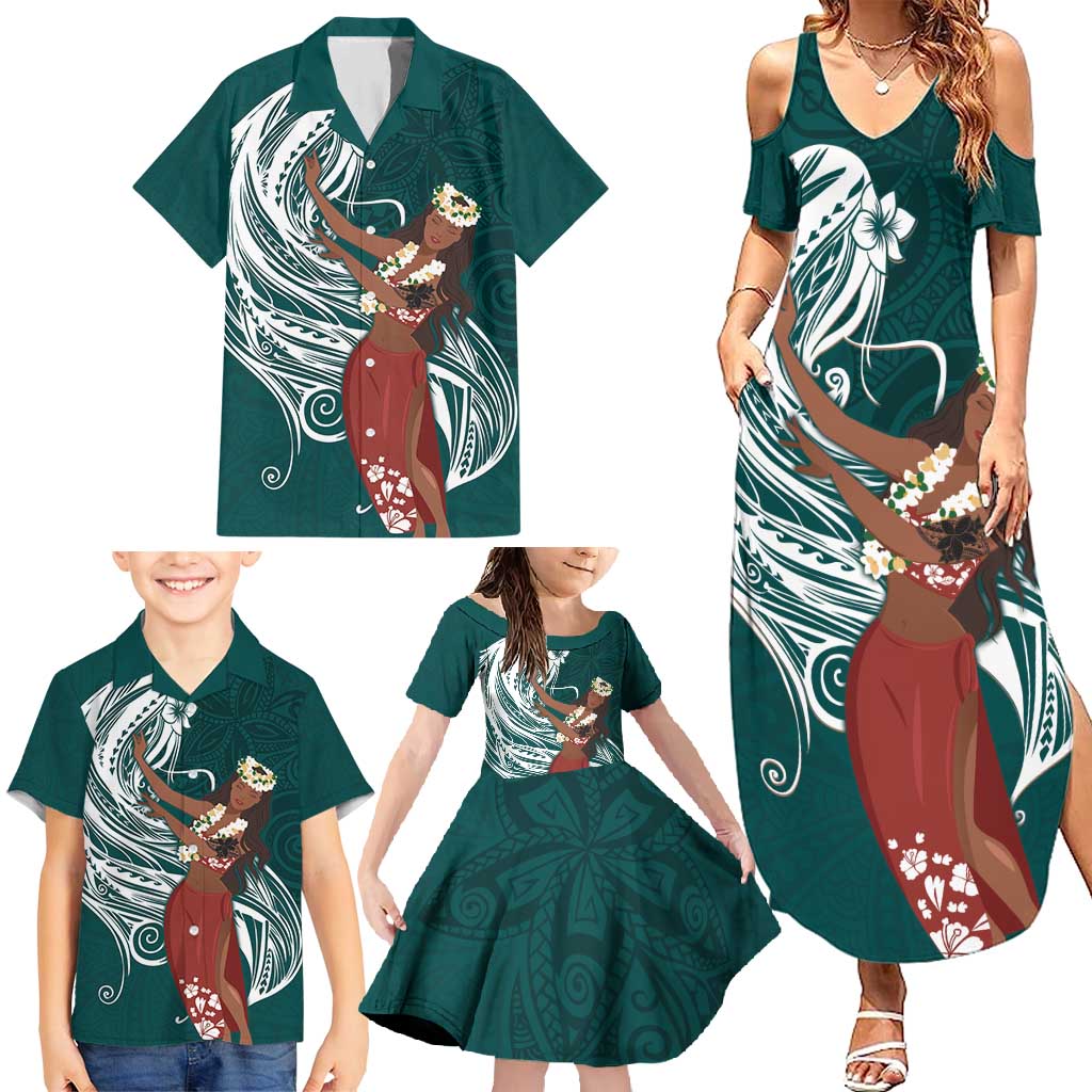 Tahiti Islands Polynesian Plumeria Family Matching Summer Maxi Dress and Hawaiian Shirt Tahitian Vahine 'Ote'a - Teal LT7 - Polynesian Pride