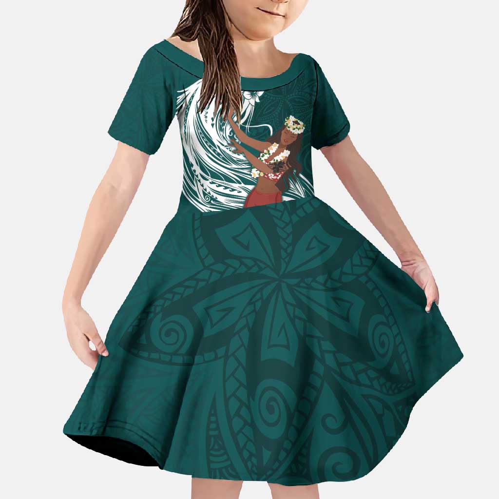 Tahiti Islands Polynesian Plumeria Family Matching Tank Maxi Dress and Hawaiian Shirt Tahitian Vahine 'Ote'a - Teal LT7 Daughter's Dress Teal - Polynesian Pride