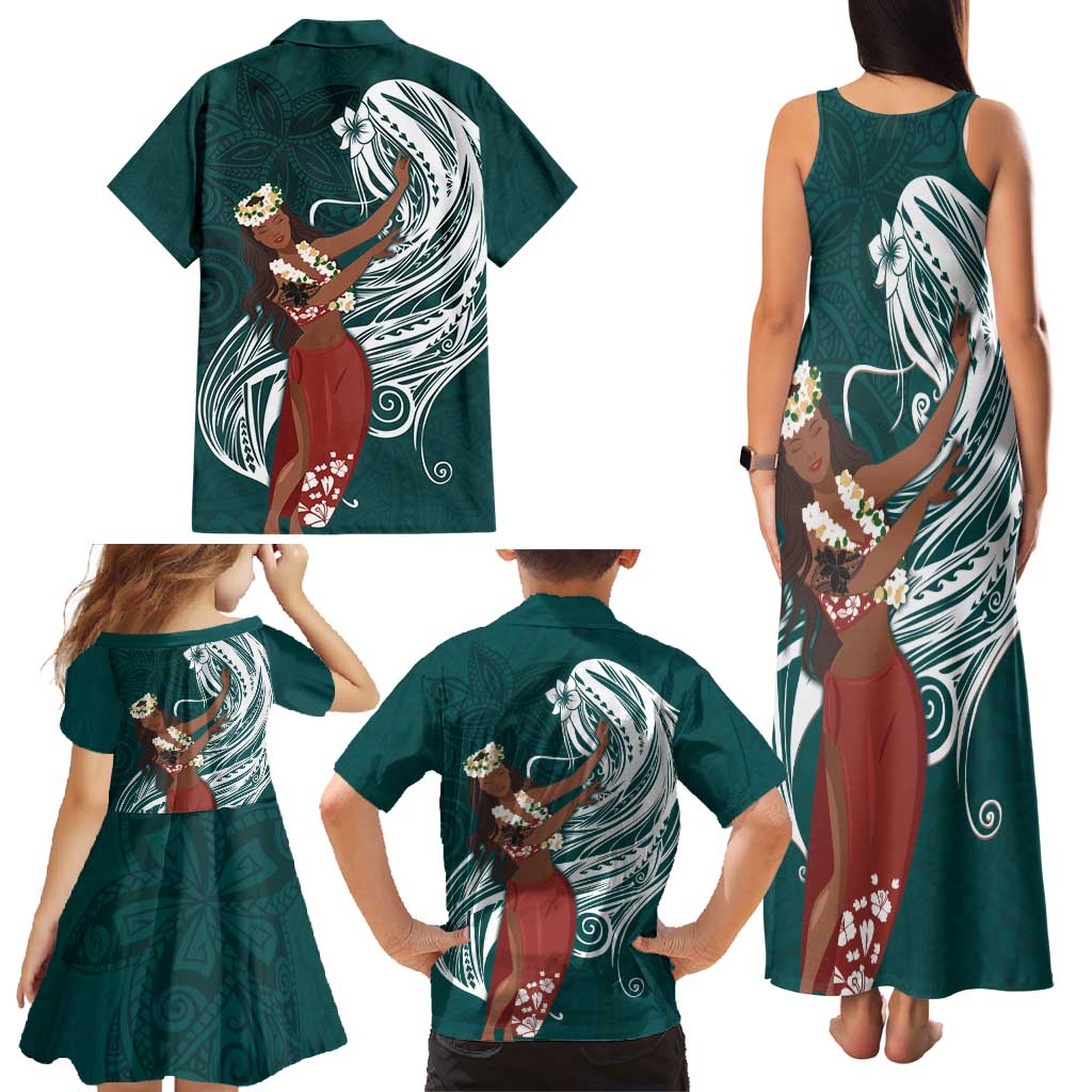 Tahiti Islands Polynesian Plumeria Family Matching Tank Maxi Dress and Hawaiian Shirt Tahitian Vahine 'Ote'a - Teal LT7 - Polynesian Pride