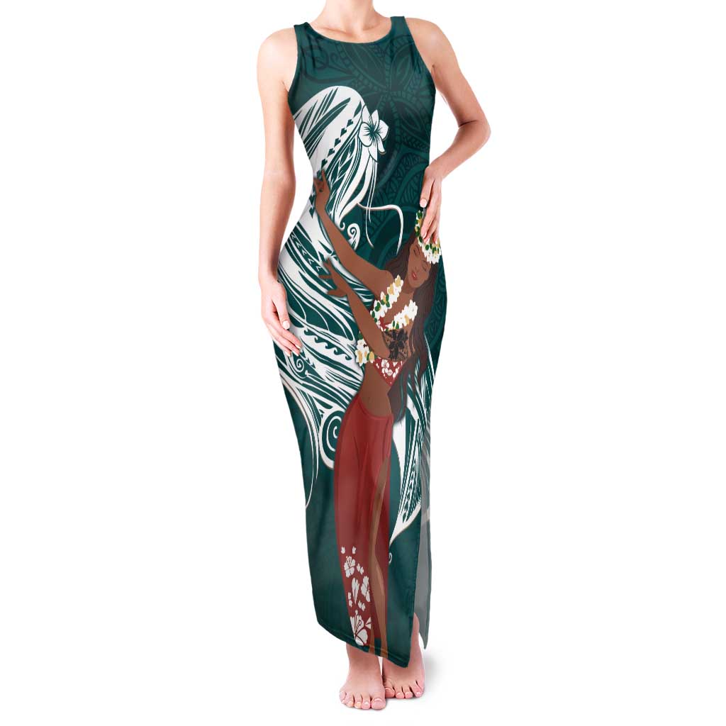 Tahiti Islands Polynesian Plumeria Family Matching Tank Maxi Dress and Hawaiian Shirt Tahitian Vahine 'Ote'a - Teal LT7 Mom's Dress Teal - Polynesian Pride