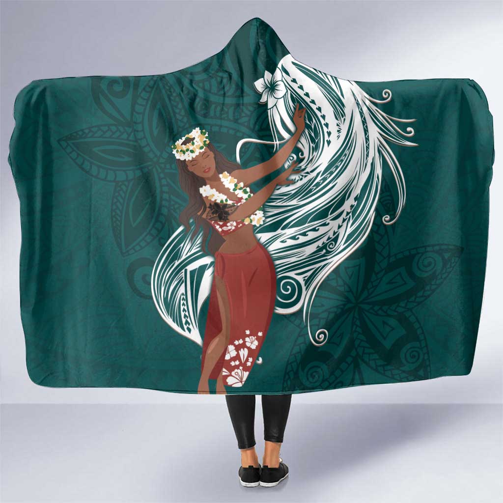 Tahiti Islands Polynesian Plumeria Hooded Blanket Tahitian Vahine 'Ote'a - Teal LT7 One Size Teal - Polynesian Pride