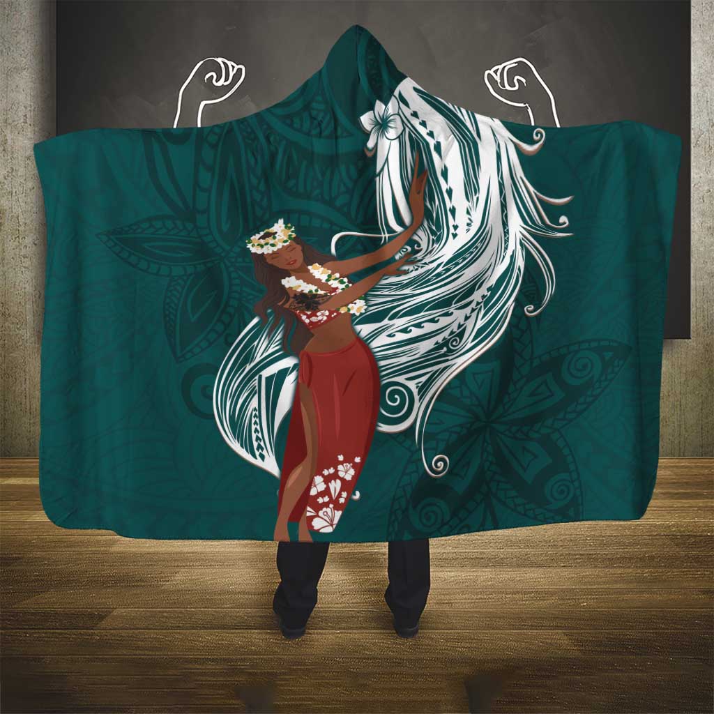Tahiti Islands Polynesian Plumeria Hooded Blanket Tahitian Vahine 'Ote'a - Teal LT7 - Polynesian Pride