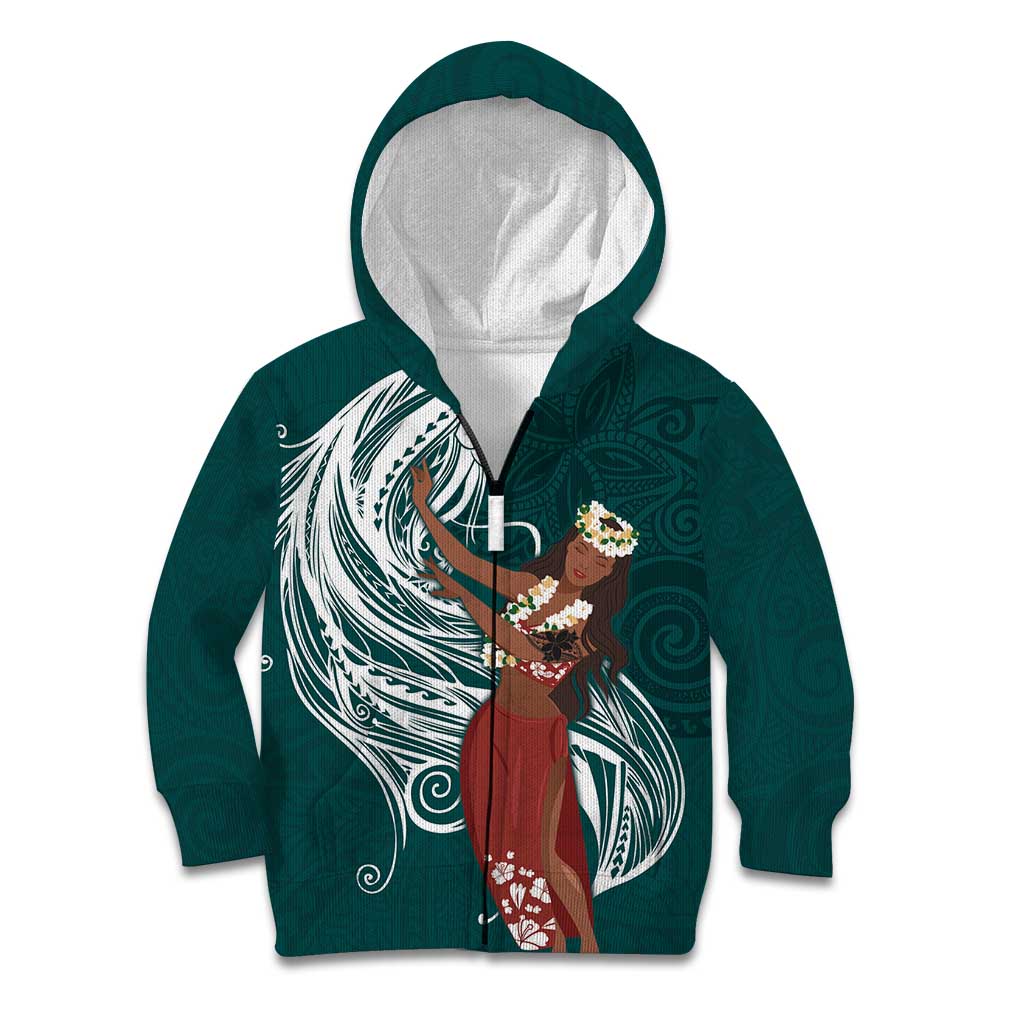 Tahiti Islands Polynesian Plumeria Kid Hoodie Tahitian Vahine 'Ote'a - Teal LT7 Zip Hoodie Teal - Polynesian Pride