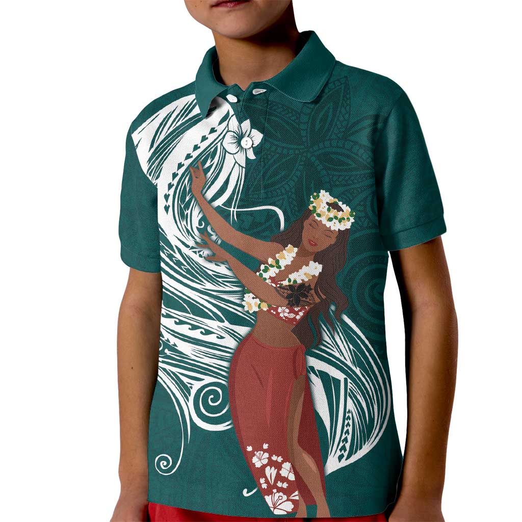 Tahiti Islands Polynesian Plumeria Kid Polo Shirt Tahitian Vahine 'Ote'a - Teal LT7 Kid Teal - Polynesian Pride