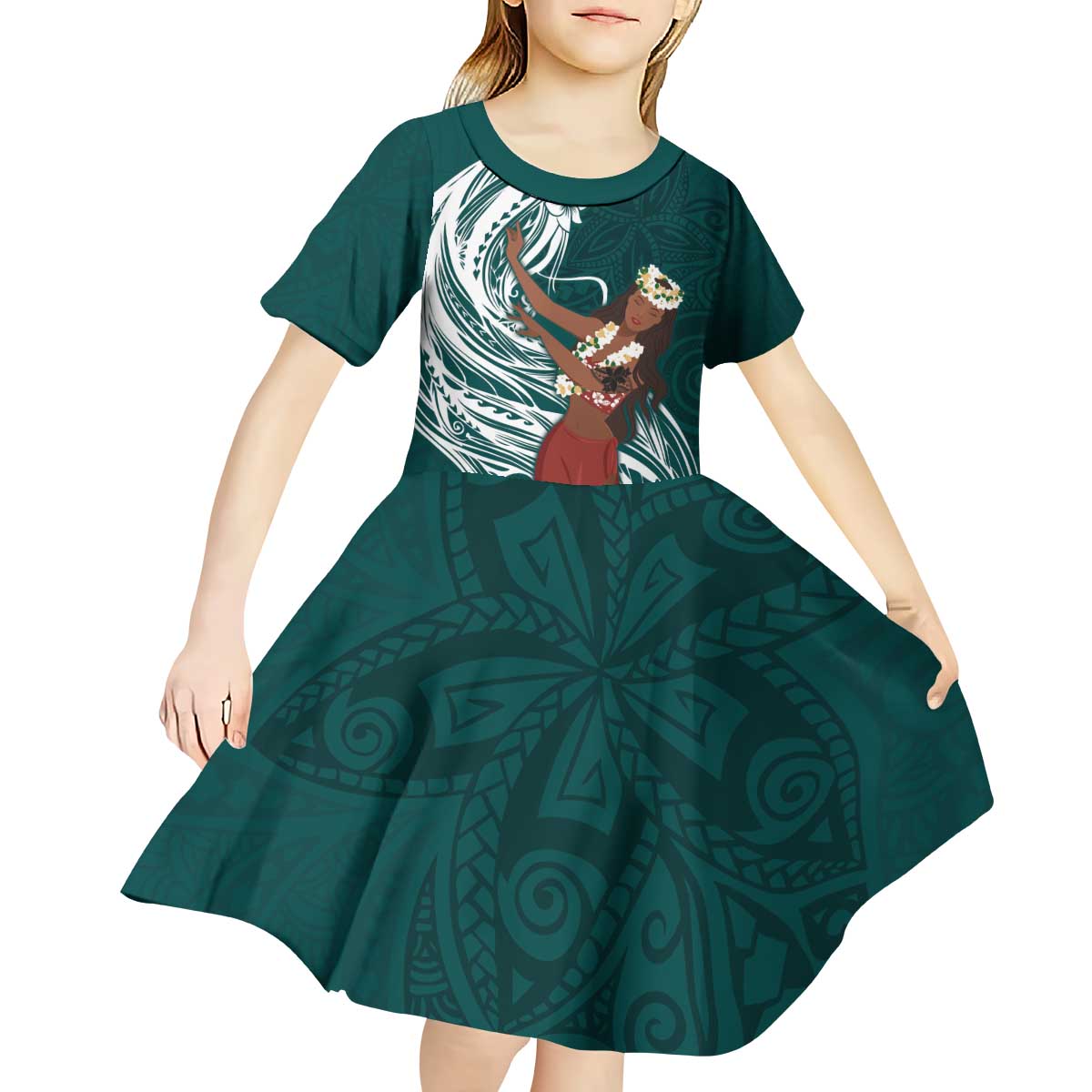 Tahiti Islands Polynesian Plumeria Kid Short Sleeve Dress Tahitian Vahine 'Ote'a - Teal LT7 - Polynesian Pride