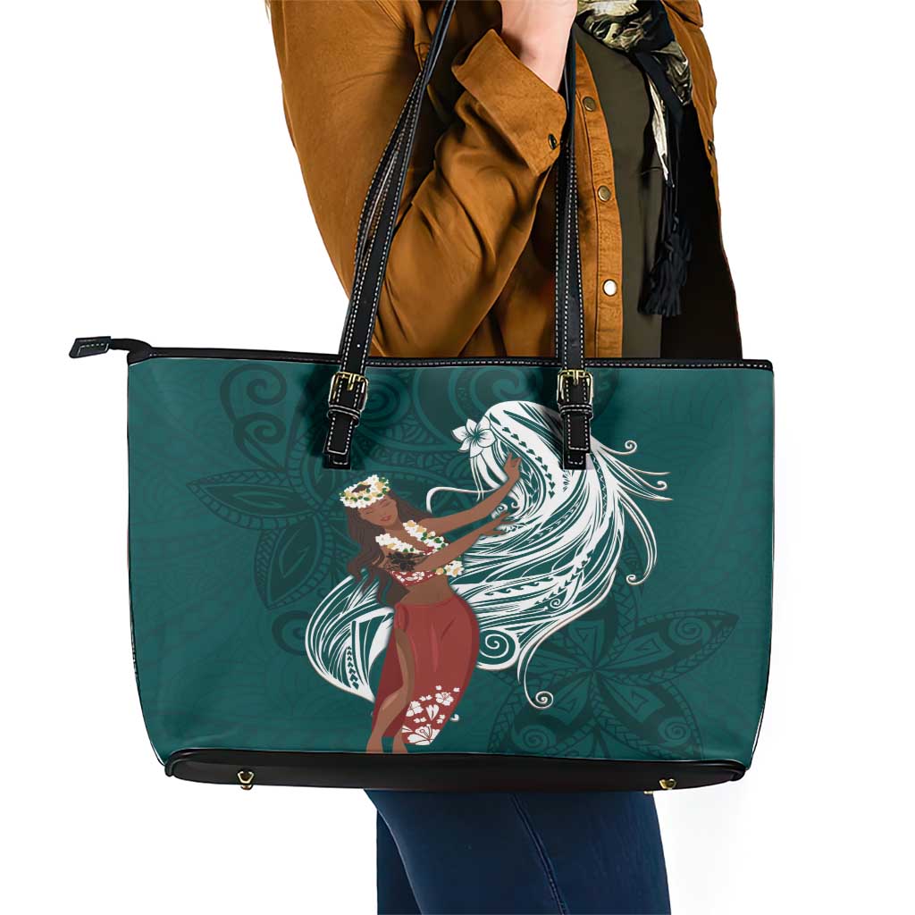 Tahiti Islands Polynesian Plumeria Leather Tote Bag Tahitian Vahine 'Ote'a - Teal LT7 - Polynesian Pride