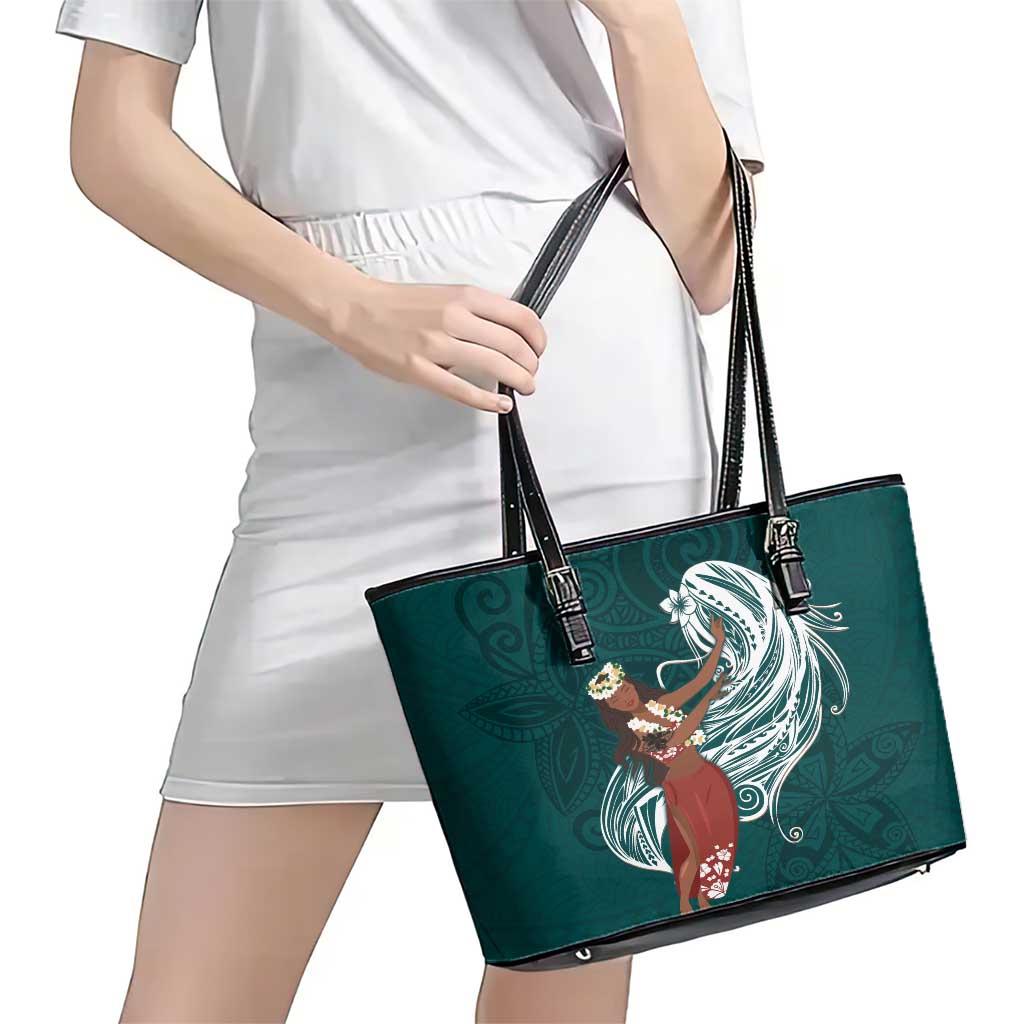 Tahiti Islands Polynesian Plumeria Leather Tote Bag Tahitian Vahine 'Ote'a - Teal LT7 - Polynesian Pride