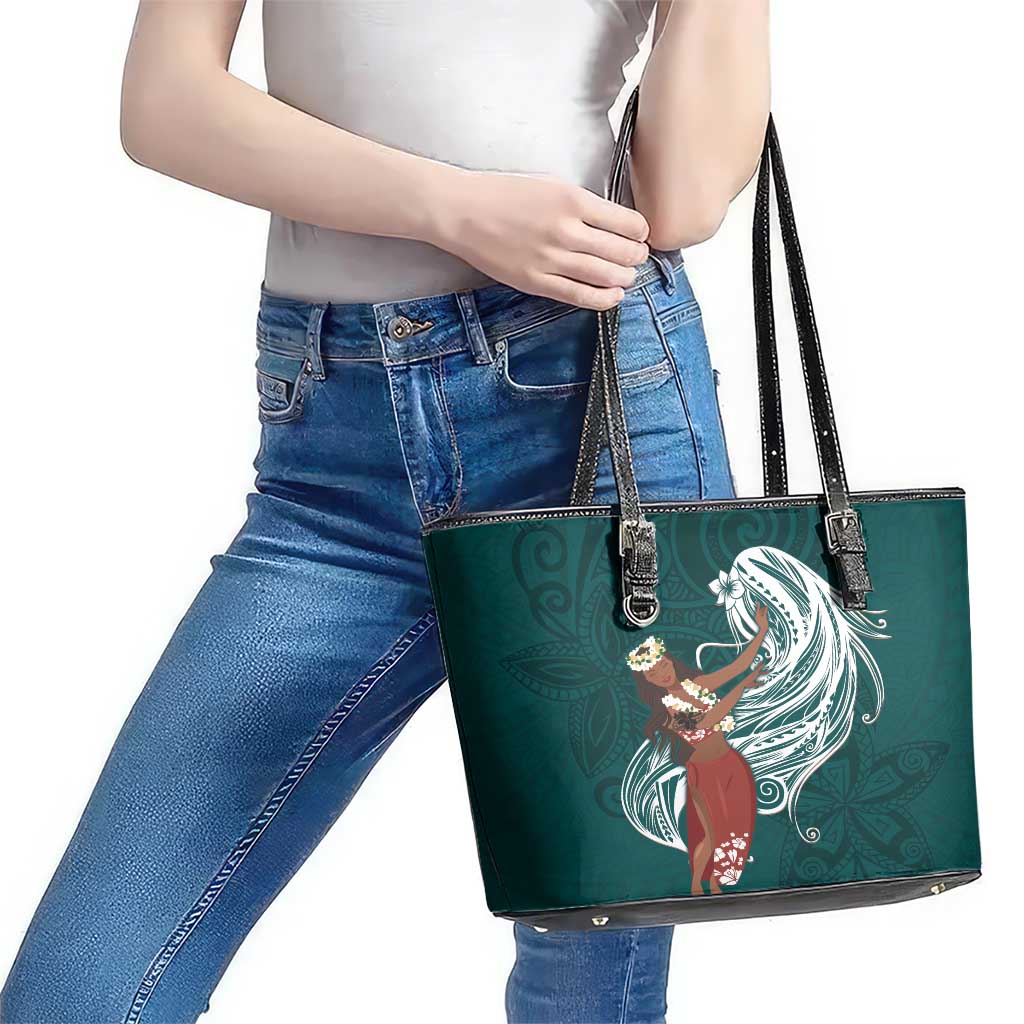 Tahiti Islands Polynesian Plumeria Leather Tote Bag Tahitian Vahine 'Ote'a - Teal LT7 - Polynesian Pride