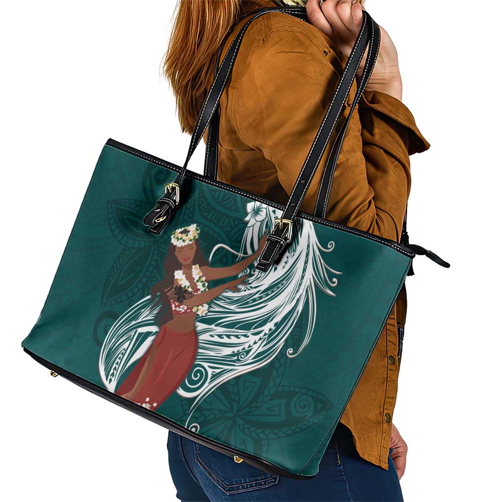 Tahiti Islands Polynesian Plumeria Leather Tote Bag Tahitian Vahine 'Ote'a - Teal LT7 - Polynesian Pride