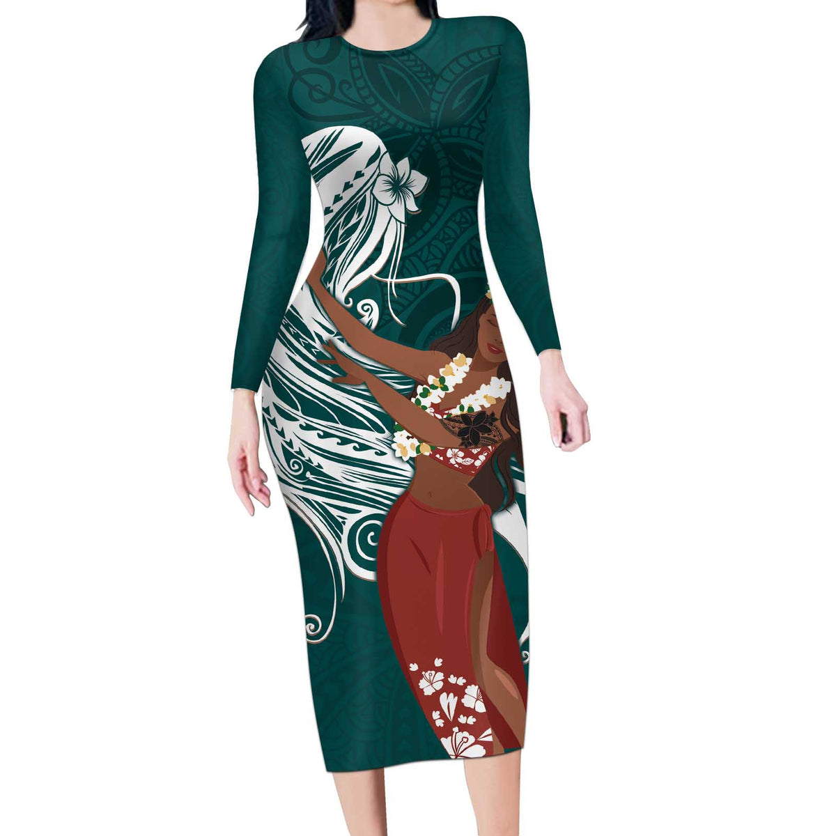 Tahiti Islands Polynesian Plumeria Long Sleeve Bodycon Dress Tahitian Vahine 'Ote'a - Teal LT7 Long Dress Teal - Polynesian Pride