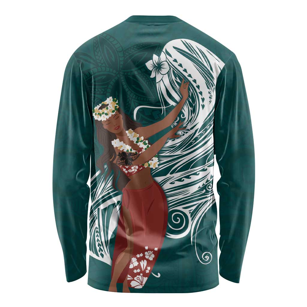 Tahiti Islands Polynesian Plumeria Long Sleeve Shirt Tahitian Vahine 'Ote'a - Teal LT7 - Polynesian Pride