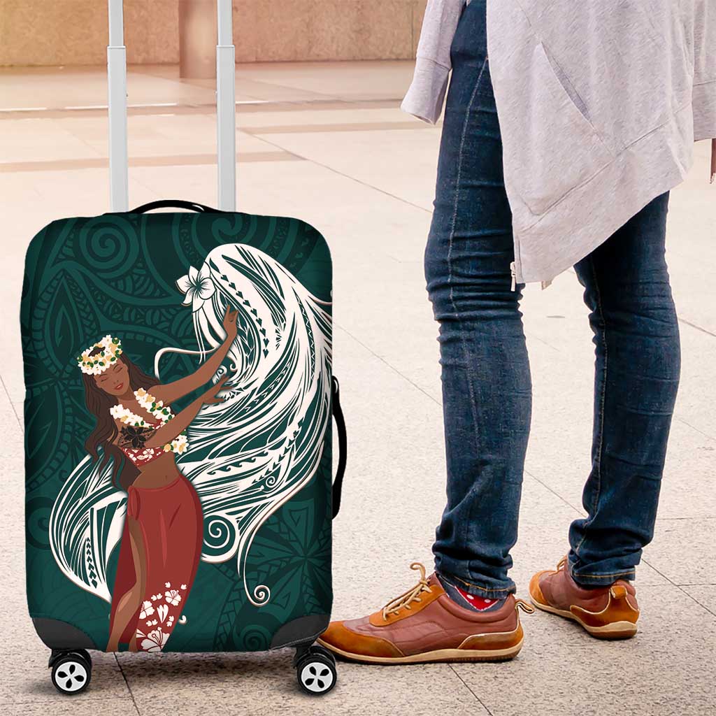 Tahiti Islands Polynesian Plumeria Luggage Cover Tahitian Vahine 'Ote'a - Teal LT7 Teal - Polynesian Pride