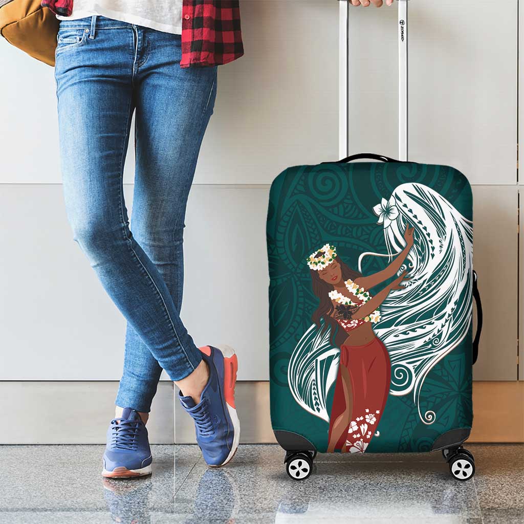 Tahiti Islands Polynesian Plumeria Luggage Cover Tahitian Vahine 'Ote'a - Teal LT7 - Polynesian Pride