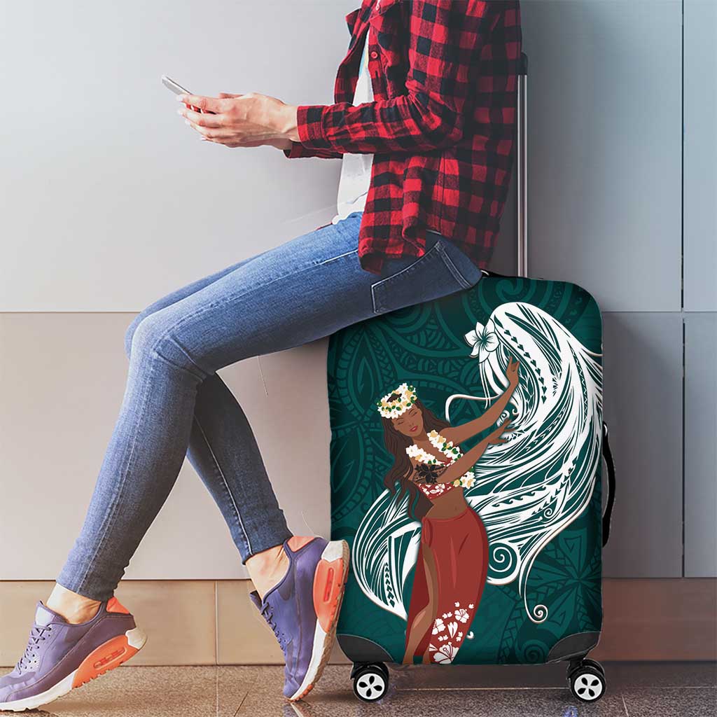 Tahiti Islands Polynesian Plumeria Luggage Cover Tahitian Vahine 'Ote'a - Teal LT7 - Polynesian Pride