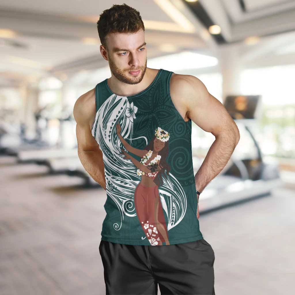 Tahiti Islands Polynesian Plumeria Men Tank Top Tahitian Vahine 'Ote'a - Teal LT7 Teal - Polynesian Pride