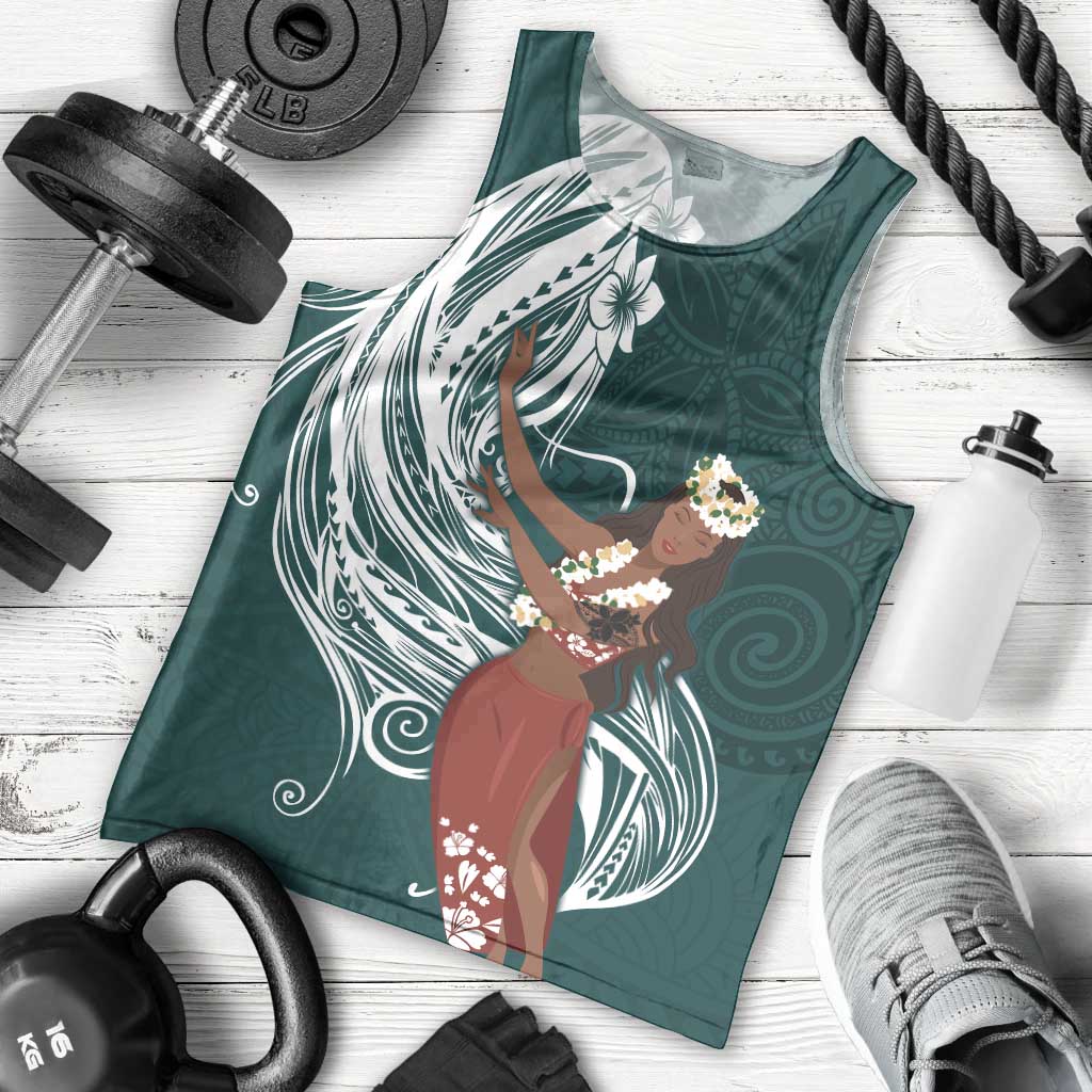 Tahiti Islands Polynesian Plumeria Men Tank Top Tahitian Vahine 'Ote'a - Teal LT7 - Polynesian Pride