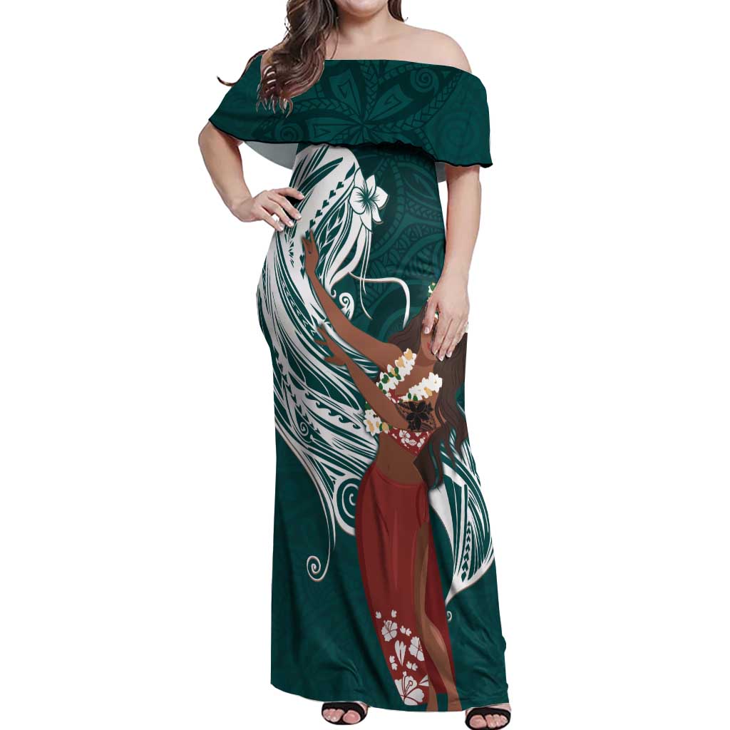 Tahiti Islands Polynesian Plumeria Off Shoulder Maxi Dress Tahitian Vahine 'Ote'a - Teal LT7 Women Teal - Polynesian Pride
