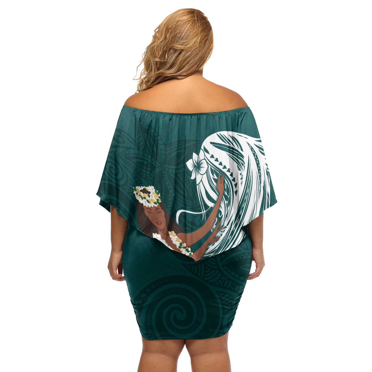 Tahiti Islands Polynesian Plumeria Off Shoulder Short Dress Tahitian Vahine 'Ote'a - Teal LT7 - Polynesian Pride