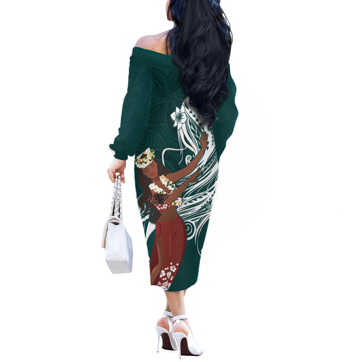 Tahiti Islands Polynesian Plumeria Off The Shoulder Long Sleeve Dress Tahitian Vahine 'Ote'a - Teal LT7 - Polynesian Pride
