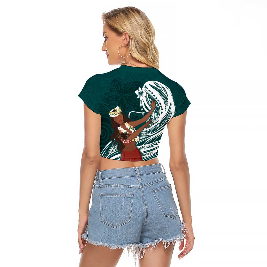 Tahiti Islands Polynesian Plumeria Raglan Cropped T Shirt Tahitian Vahine 'Ote'a - Teal LT7 - Polynesian Pride