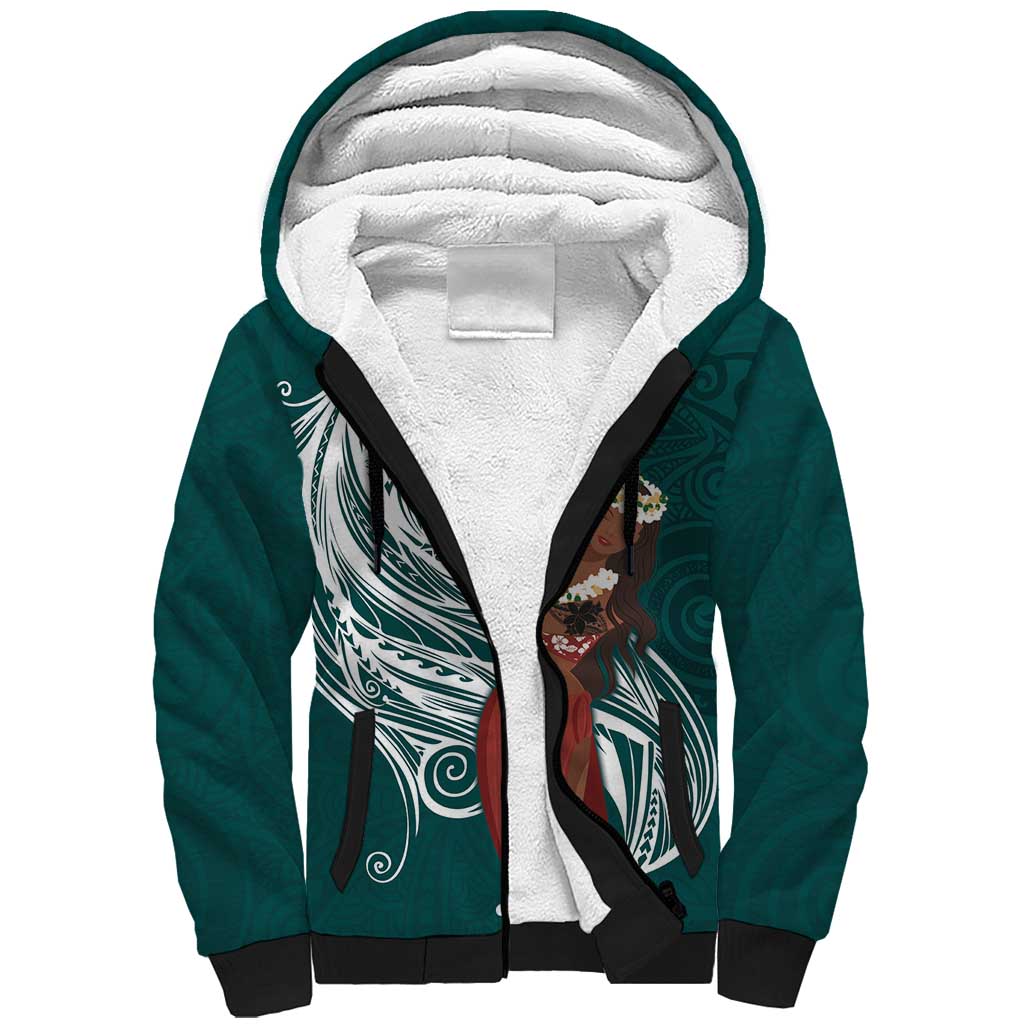 Tahiti Islands Polynesian Plumeria Sherpa Hoodie Tahitian Vahine 'Ote'a - Teal LT7 Unisex Teal - Polynesian Pride