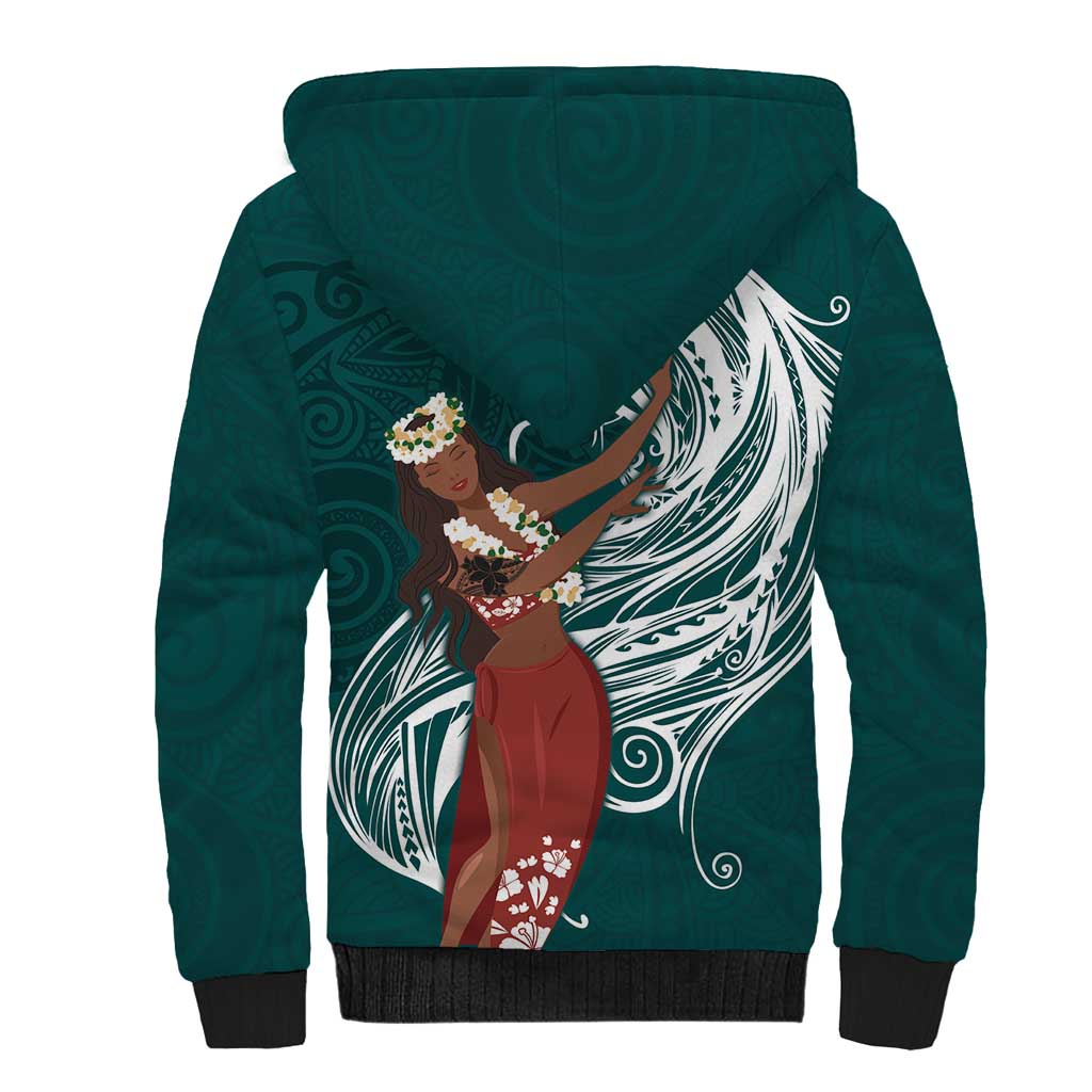 Tahiti Islands Polynesian Plumeria Sherpa Hoodie Tahitian Vahine 'Ote'a - Teal LT7 - Polynesian Pride