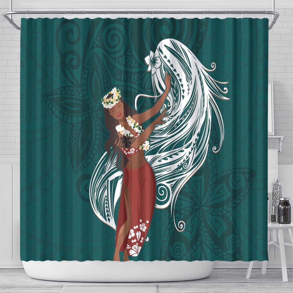 Tahiti Islands Polynesian Plumeria Shower Curtain Tahitian Vahine 'Ote'a - Teal LT7 - Polynesian Pride